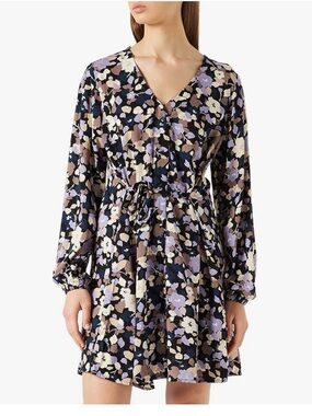 ICHI Floral V-Neck Long Sleeve Dress - Navy with Lavender & Taupe Print